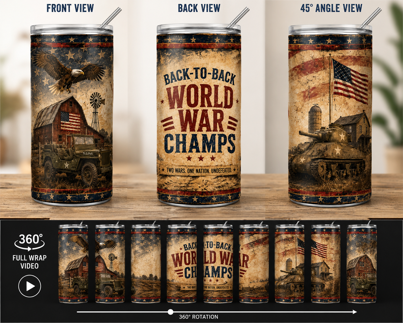 Back-to-Back World War Champs 20oz Skinny Tumbler | Patriotic American Flag WWII Military Veteran Gift | Eagle Jeep Tank Cup
